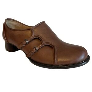 Leon Max Womens Block Heel Mary Jane Double Buckle, Round Toe‎ Brown, Size 10